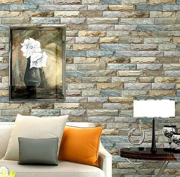 Tapet 3D Autoadeziv, Model Caramida in Relief, Bej/Albastru, Design Modern, Rezistent la Apa, Usor de Curatat, Dimensiuni 77x70cm [7]