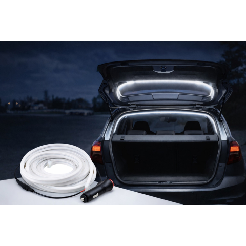 Lumini Ambientale Auto LED - Bandă LED Portbagaj Auto 5m cu Senzor Magnetic, 12V Conectare Brichetă, 6000K Alb Rece, Pornire Automată, Universală