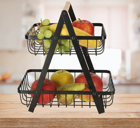 Cos pentru fructe, din Metal/Lemn, cu 2 rafturi, 32x30x18 cm, Negru, TopBazar [4]