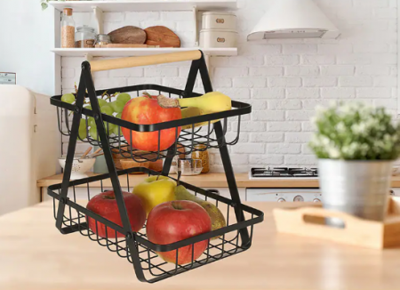 Cos pentru fructe, din Metal/Lemn, cu 2 rafturi, 32x30x18 cm, Negru, TopBazar [5]