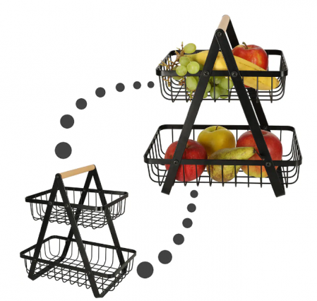 Cos pentru fructe, din Metal/Lemn, cu 2 rafturi, 32x30x18 cm, Negru, TopBazar [2]
