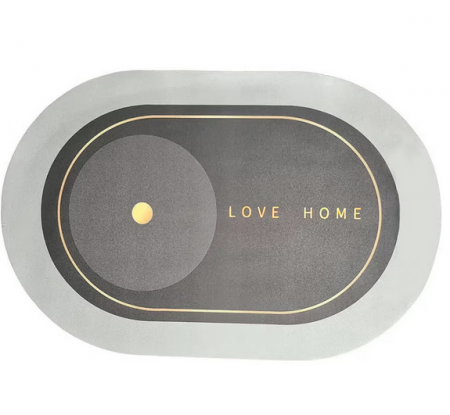 Casa si gradina - Covoras de Baie Antiderapant, Model Love Home, Substrat absorbant, Uscare rapida, Oval, 80 x 47 cm, Gri