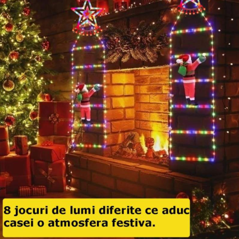 Decoratiune Mos Craciun Pe Scara, Cu Model Steluta, Pentru Exterior Si Interior, 25x165 cm, Cu Lumina Led, 8 Jocuri, Conectare La Priza, Multicolor [5]