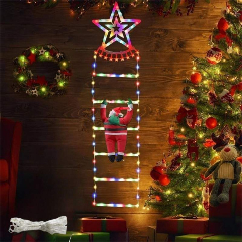 Decoratiune Mos Craciun Pe Scara, Cu Model Steluta, Pentru Exterior Si Interior, 25x165 cm, Cu Lumina Led, 8 Jocuri, Conectare La Priza, Multicolor [1]