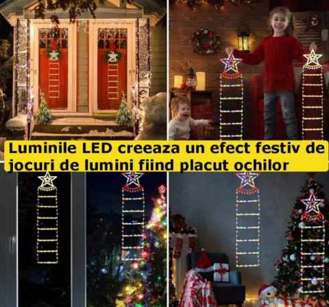 Decoratiune Mos Craciun Pe Scara, Cu Model Fulg de nea, Pentru Exterior Si Interior, 25x165 cm, Cu Lumina Led, 8 Jocuri, Conectare La Priza, Multicolor - Copie - Copie [2]