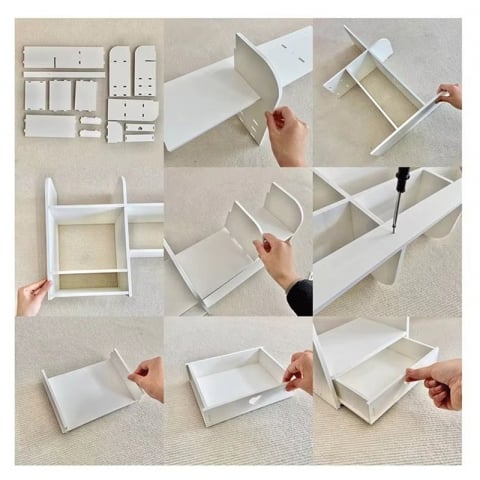 Etajera pentru Birou copii, cu 6 Compartimente si un Sertar, PVC, 55x14x34cm, Alb [4]
