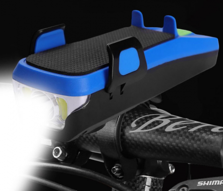 Far bicicleta cu suport telefon, claxon 130dB, Power bank 3000mAh, 3 moduri de luminare, 2 x T6 LED, rezistent la apa, Albastru [3]