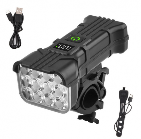 Electronice - Far LED pentru bicicleta, trotineta, 12 leduri, claxon, 120 decibeli, 5 moduri de iluminare, afisaj baterie
