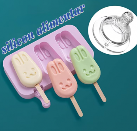 Forma inghetata cu 3 compartimente, din silicon alimentar, 50 de bete, Forma iepuras, Mov, TopBazar [1]