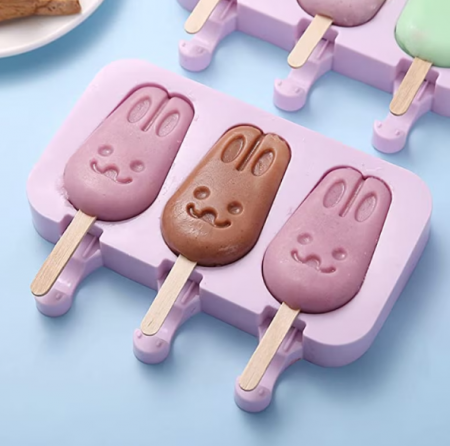 Forma inghetata cu 3 compartimente, din silicon alimentar, 50 de bete, Forma iepuras, Mov, TopBazar [2]