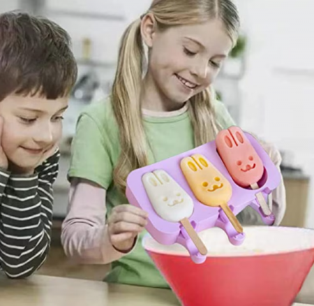 Forma inghetata cu 3 compartimente, din silicon alimentar, 50 de bete, Forma iepuras, Mov, TopBazar [4]