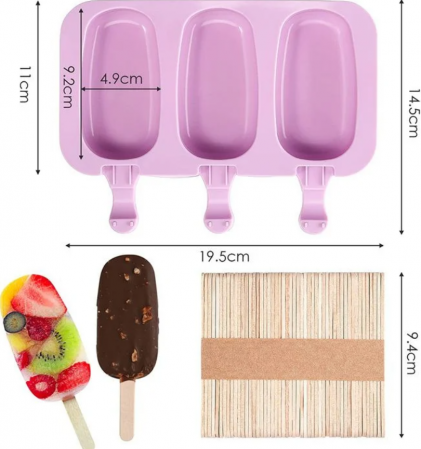 Forma inghetata cu 3 compartimente, din silicon alimentar, 50 de bete, Forma ovala, Mov, 19 x 11 cm, TopBazar [5]