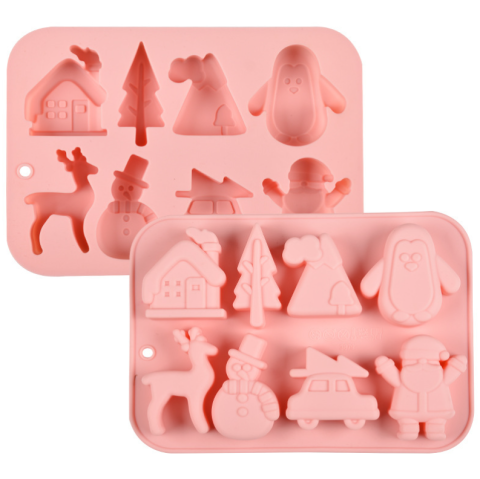 Forme de silicon pentru copt - Formă Silicon Prăjituri și Biscuiți Crăciun 8 Cavități Roz, Antiaderentă, Fără BPA, 20x14x2,2 cm