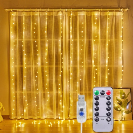 Lampi solare - Instalatie Craciun tip perdea 3x3m, 300LED, 8 Programe, cu USB si Telecomanda, alb cald, BZRSH