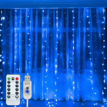 Lampi solare - Instalatie Craciun Perdea 3x3m 300LED Albastru 8 Programe USB Telecomanda