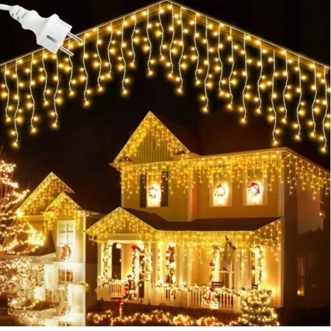 Instalatii - Instalație Crăciun Țurțuri BZRSH, 23.5 m, 500 LED-uri Alb Cald – Perdea Franjuri Rezistentă la Apă IP45, Exterior/Interior, Interconectabilă, Fir Alb Gros