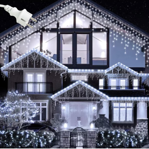 Instalație Crăciun Țurțuri BZRSH, 23.5 m, 500 LED-uri Alb Rece – Perdea Franjuri Rezistentă la Apă IP45, Exterior/Interior, Interconectabilă, Fir Alb Gros [1]