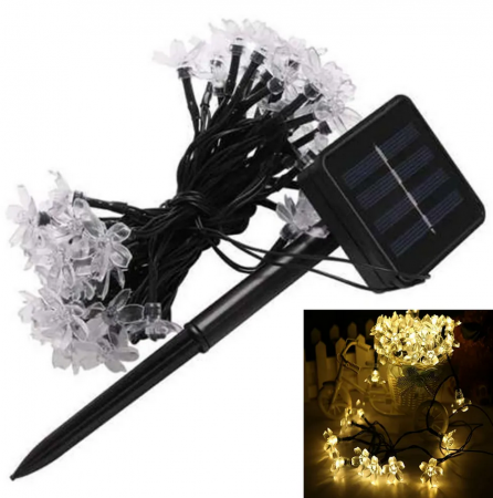 Instalatii - Instalatie exterior cu incarcare solara 50 LED, 5 metri cu flori de cires, alb cald