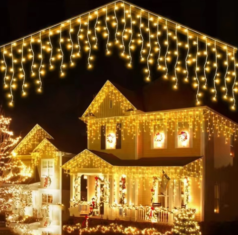 Instalatie LED Craciun 25m x 1m, Franjuri, 640 LED-uri Alb Cald, 8 Moduri, Alimentare 220V, Interconectabila – Ghirlanda Turturi Exterior/Interior Festiv​​​​​​​, BZRSH [4]