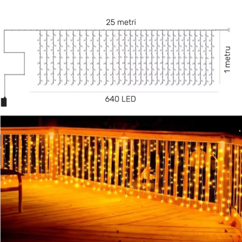 Instalatie LED Craciun 25m x 1m, Franjuri, 640 LED-uri Alb Cald, 8 Moduri, Alimentare 220V, Interconectabila – Ghirlanda Turturi Exterior/Interior Festiv​​​​​​​, BZRSH [5]