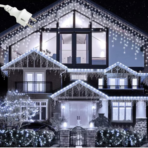 Instalatii - Instalatie LED Craciun 25m x 1m, Franjuri, 640 LED-uri Alb Rece, 8 Moduri, Alimentare 220V, Interconectabila – Ghirlanda Turturi Exterior/Interior Festiv​​​​​​​, BZRSH