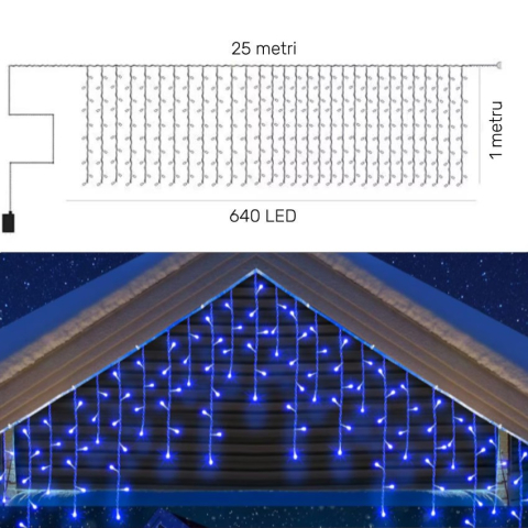 Instalatie LED Craciun 25m x 1m, Franjuri, 640 LED-uri Albastru, 8 Moduri, Alimentare 220V, Interconectabila – Ghirlanda Turturi Exterior/Interior Festiv​​​​​​​, BZRSH [3]