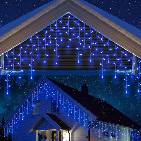 Instalatie LED Craciun 25m x 1m, Franjuri, 640 LED-uri Albastru, 8 Moduri, Alimentare 220V, Interconectabila – Ghirlanda Turturi Exterior/Interior Festiv​​​​​​​, BZRSH [1]
