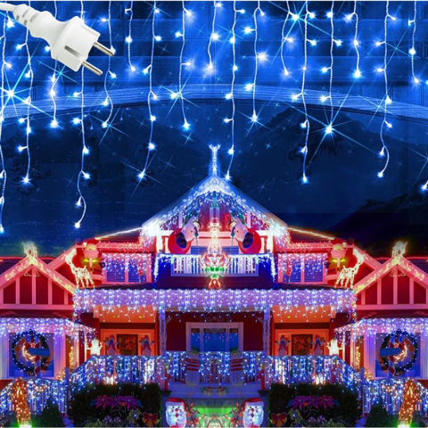 Instalatii - Instalatie LED Craciun 25m x 1m, Franjuri, 640 LED-uri Albastru, 8 Moduri, Alimentare 220V, Interconectabila – Ghirlanda Turturi Exterior/Interior Festiv​​​​​​​, BZRSH