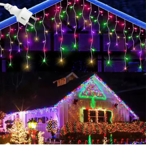 Instalatii - Instalatie LED Craciun 25m x 1m, Franjuri, 640 LED-uri Multicolor, 8 Moduri, Alimentare 220V, Interconectabila – Ghirlanda Turturi Exterior/Interior Festiv​​​​​​​, BZRSH