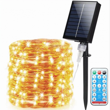 Lampi solare - BZRSH Instalatie Luminoasa Solara Cupru 30m 300 LED Alb Cald 8 Efecte IP65 Telecomanda