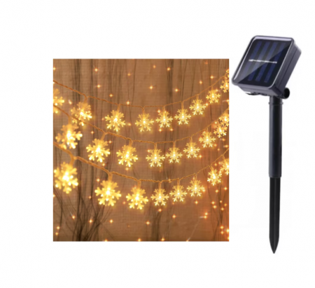 Instalatii - Instalatie Solara Craciun cu 50 Fulgi de Zapada , Cristal 50 LED, Lumina Alb Cald, 7m Lungime, BZRSH