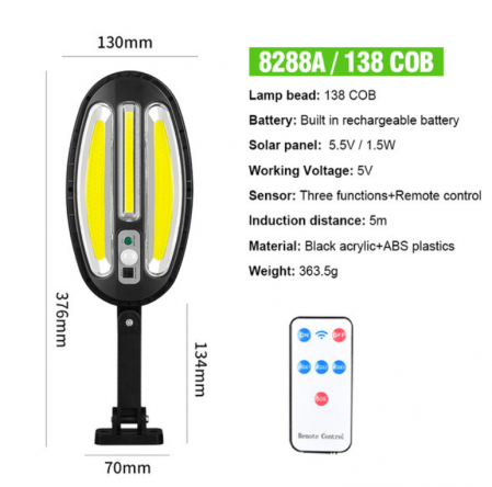 Lampa solara LED 138 COB, 30W, senzor de miscare, telecomanda, 3 moduri de functionare [6]