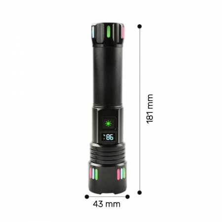 Lanterna LED BZRSH®, din aluminiu, sursa P45 Ultra-Bright, profesionala, focus ajustabil, acumulator inclus, rezistenta la apa, incarcare USB, 2000 lumeni, ecran LCD, Negru [7]