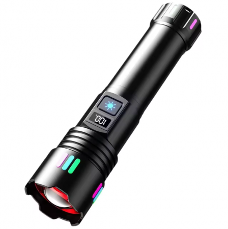 Lanterne - Lanterna LED BZRSH®, din aluminiu, sursa P45 Ultra-Bright, profesionala, focus ajustabil, acumulator inclus, rezistenta la apa, incarcare USB, 2000 lumeni, ecran LCD, Negru