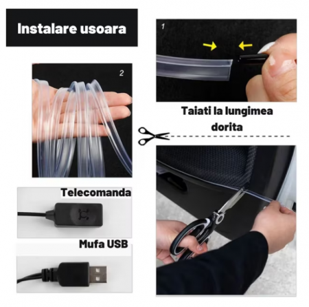 Lumini ambientale auto LED RGB, conectare USB cu telecomanda pe fir, 3 metri, BZRSH [2]
