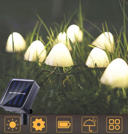 Lumini solare pentru gradina, forma ciuperca, 30 LED, 6 metri, incarcare solara, 8 moduri de iluminare, alb cald [3]