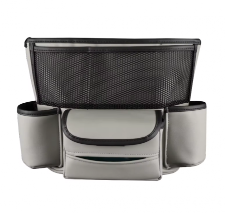 Auto - Organizator auto, multifunctional, 6 compartimente depozitare, compatibil cu orice masina, compartiment poseta, montare intre scaune, din piele, Gri, 36x25 cm