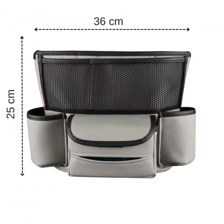 Organizator auto, multifunctional, 6 compartimente depozitare, compatibil cu orice masina, compartiment poseta, montare intre scaune, din piele, Gri, 36x25 cm [4]