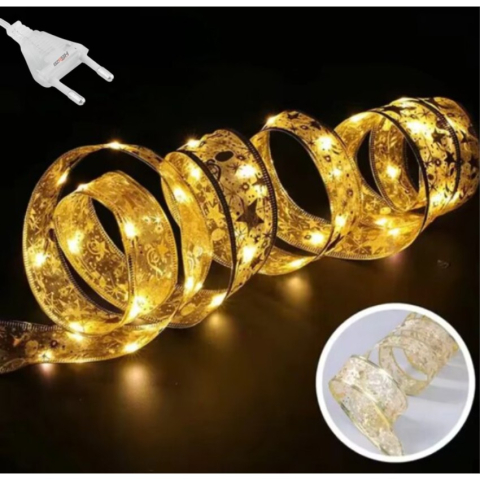 Panglică Luminoasă pentru Bradul de Crăciun BZRSH, 50 LED-uri, 5 m, Aurie cu Lumină Alb Caldă, 8 Programe – Decor Festiv LED, Ghirlandă Crăciun Interior, Alimentare la Rețea [2]