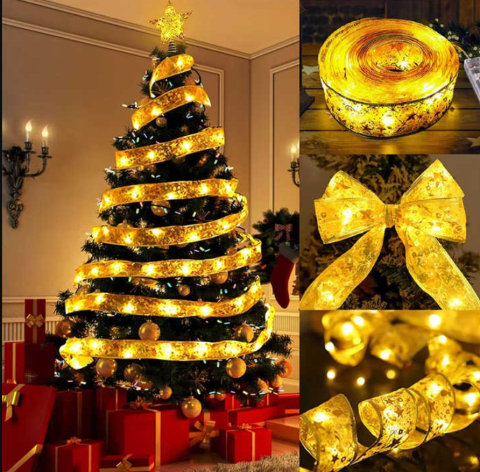 Panglică Luminoasă pentru Bradul de Crăciun BZRSH, 50 LED-uri, 5 m, Aurie cu Lumină Alb Caldă, 8 Programe – Decor Festiv LED, Ghirlandă Crăciun Interior, Alimentare la Rețea [1]