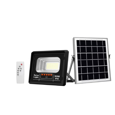 Lampi solare - Proiector LED cu Panou Solar BZRSH 50W, 70 LED SMD, Senzor de Lumină, Telecomandă, Indicator Baterie, IP66