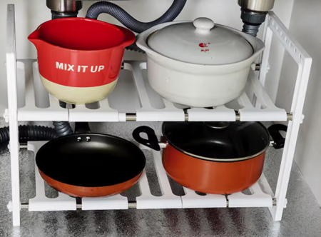 Raft Organizator pentru Bucătărie sau Baie, Extensibil, Alb Inox/PVC, 47 x 26 x 38 cm, TopBazar [6]