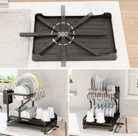 Raft Organizator pentru Vase, Negru, din metal, cu tava de scurgere, 42 x 30 x 32 cm, TopBazar [2]