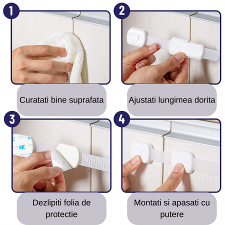 Set 10 bucati sisteme de siguranta copii ajustabile, blocare sertare, dulap, frigider, WC, adeziv puternic, lungime 19 cm, alb [5]