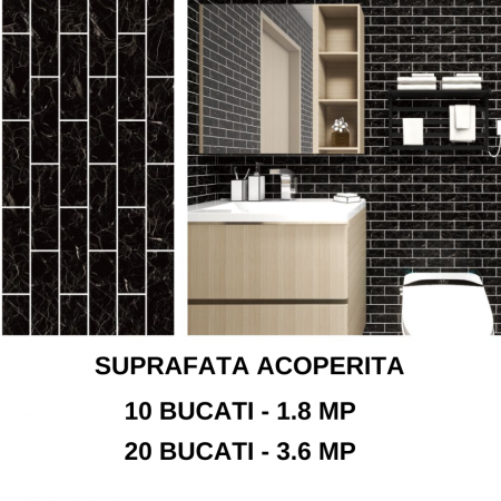 Set 10 x tapet autoadeziv decorativ BZRSH, spuma moale, lavabil, adeziv puternic, usor de montat, suprafata acoperire 1.8 mp, 30x60 cm, 1.7mm grosime, negru [3]