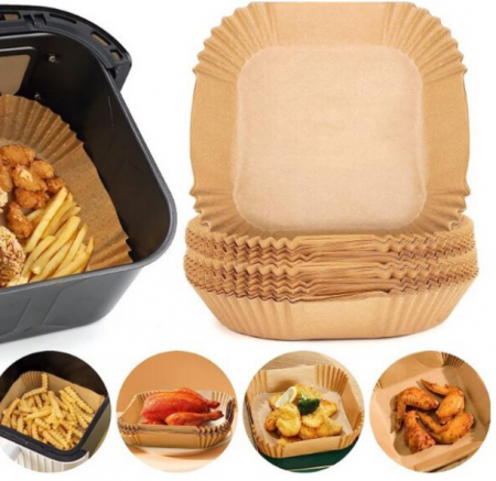 Casa si gradina - Set 100 hartii de copt pentru air fryer, Termorezistent, Maro 16 x 16 x 4.5 cm, patrat, TopBazar