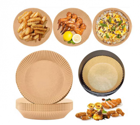Casa si gradina - Set 100 hartii de copt pentru AirFryer, Rotund, 20 x 4.5 cm, Maro, TopBazar