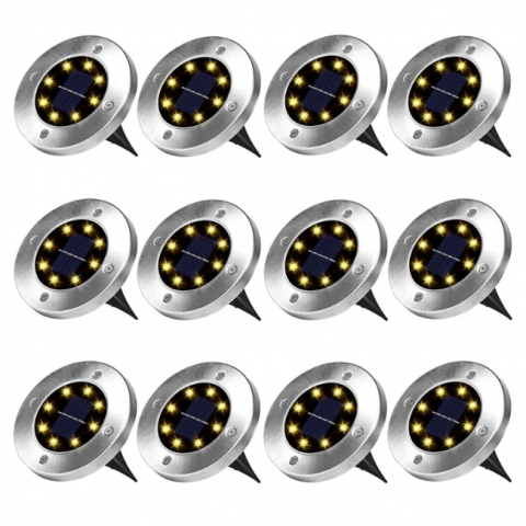 Lampi solare - Set 12x Lampa Cu Incarcare Solara Rapida SI Timp Mare De Utilizare, alb cald, Tip Spot Cu 8 Leduri, Pentru Gradina, WaterProof, IP65, Carcasa Din Metal Rezistent
