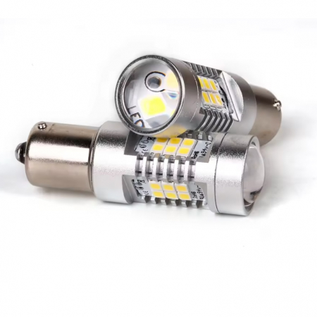 Auto - Set 2 becuri auto LED cu lupa 1156/BA15S P21W, BZRSH®, cu 27 de LED-uri, Alb rece, 6000K
