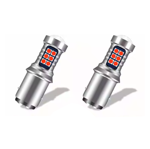 Auto - Set 2 becuri auto LED cu lupa 1157/BAY15D P21/5W, BZRSH®, cu 21 de LED-uri, 2 faze, lumina rosie, pozitie si stop pe frana